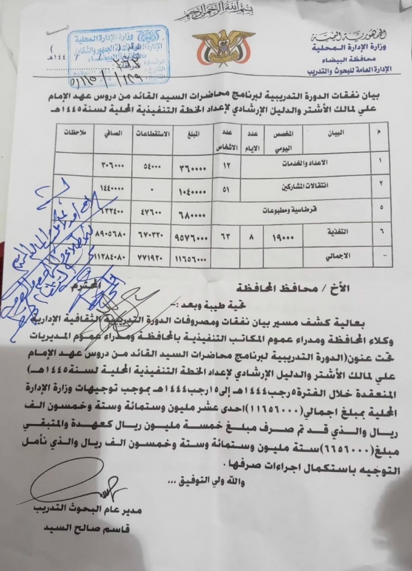 أكثر من 11 مليون ريال تكلفة دورة ثقافية واحدة فقط للحوثيين في إحدى المحافظات ( وثيقة)